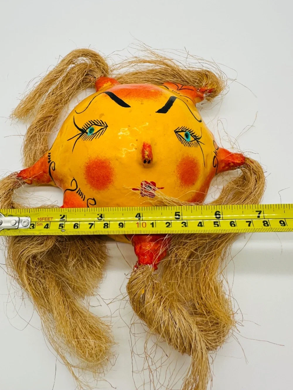 VTG Mexican Folk Art Sun Mask Coconut Shell Straw Hair Hand Painted Wall Hanging